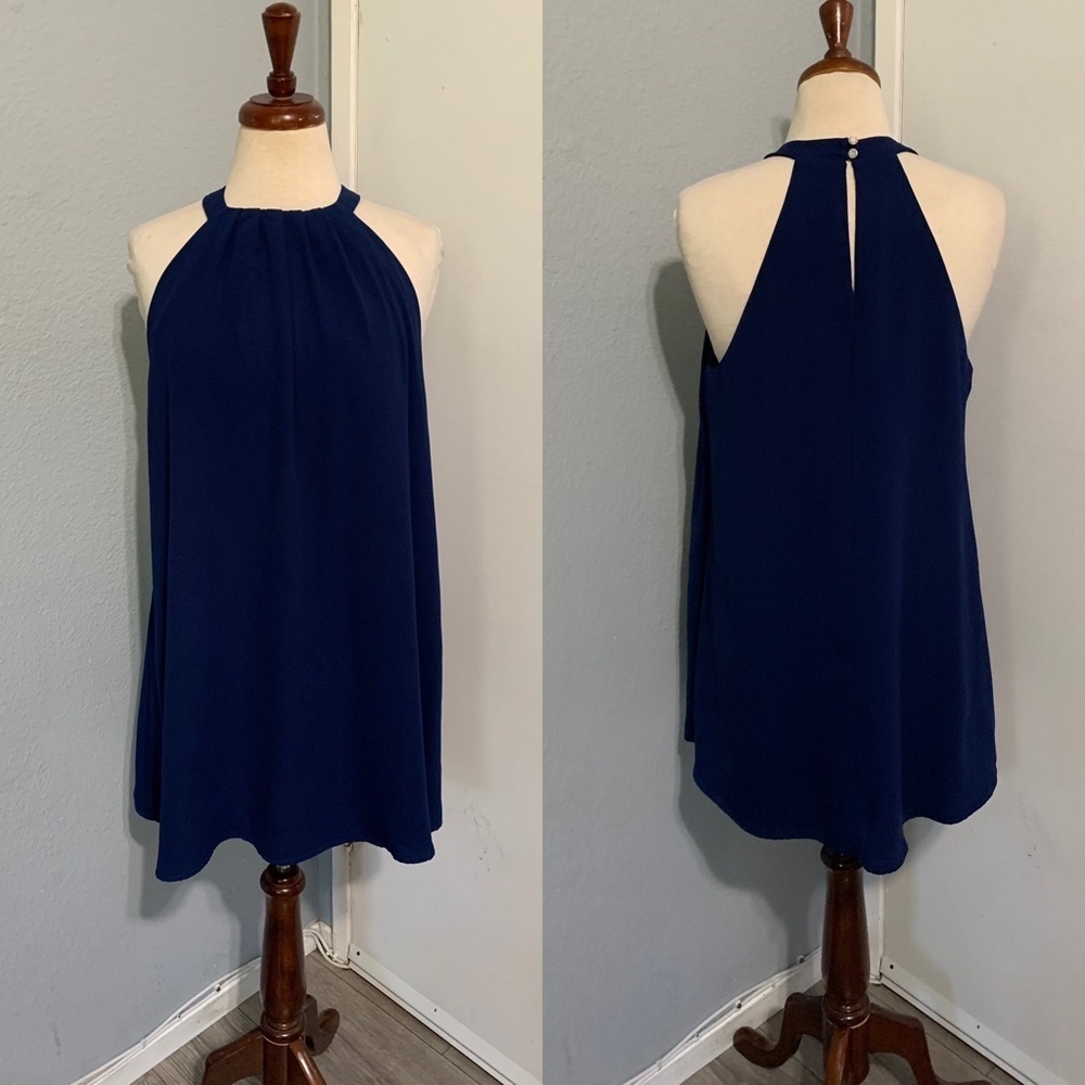 One Clothing Los Ángeles Dark Blue Fit and Flare Short Sleeveless Lined Dress